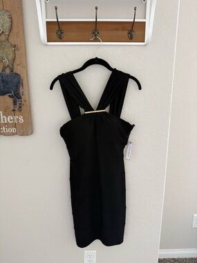 Bisou Bisou Black Sleeveless Mini Dress with Gold Bar Detail